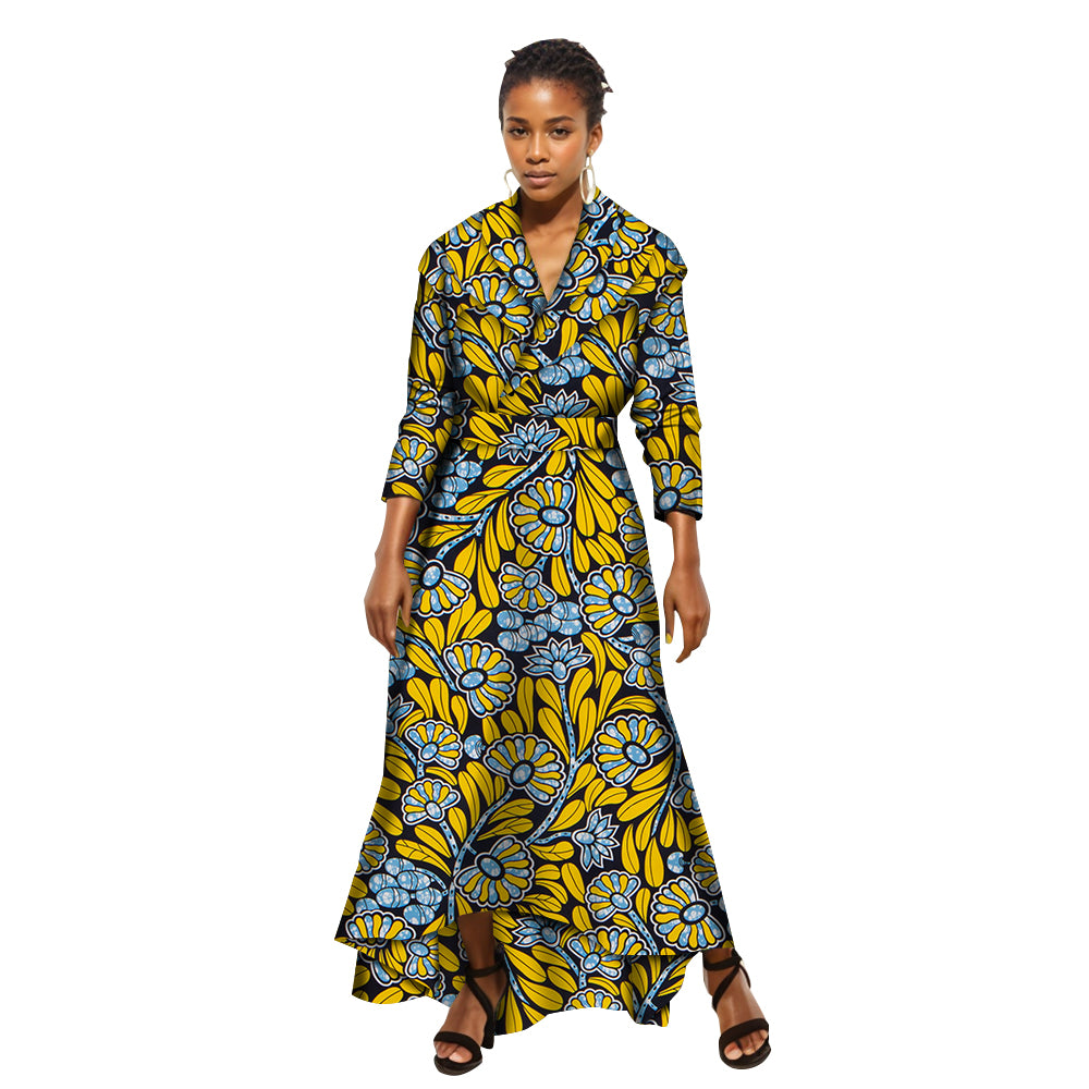 African Women Dress   Ankara Multicolor Girding Deep V-Neck Shirt Skirt WY5951