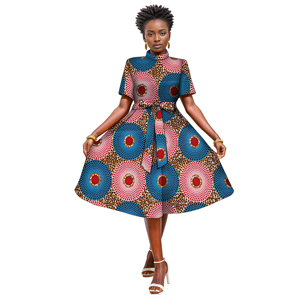 African women's printed dress with waist bow WY082