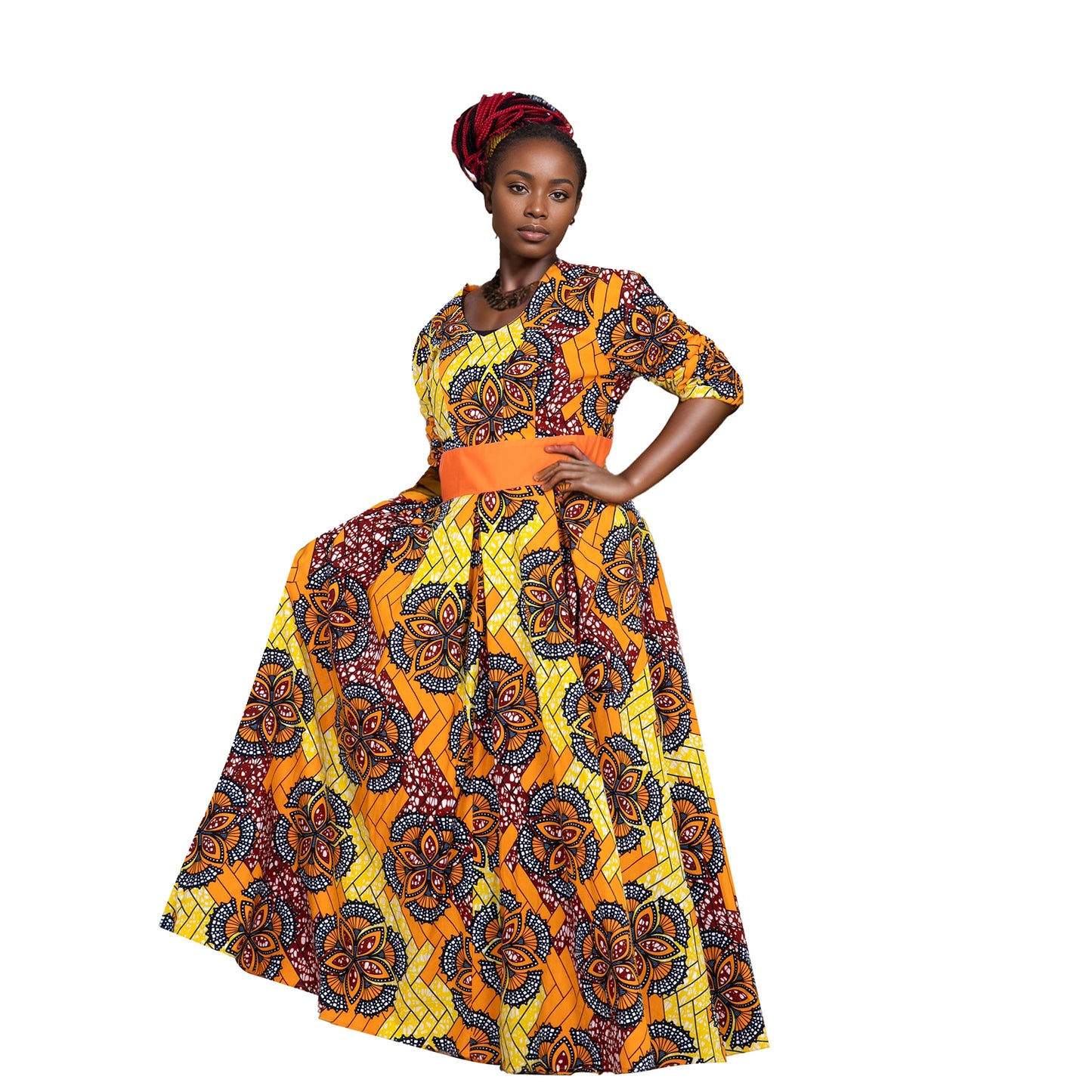 African Women's Dress  Ankara Multicolor Deep V-Neck Shirt Dresses with Pocket WY7415