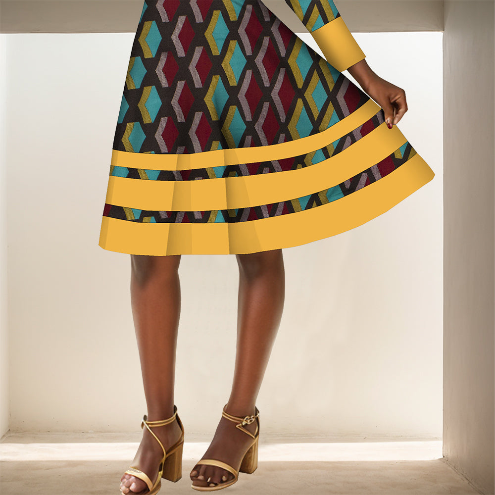 African Women dress long sleeve patchwork knee-length high-waisted dress WY3001