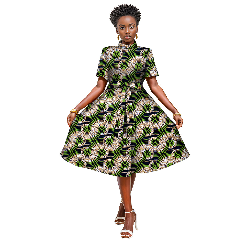 African women's printed dress with waist bow WY082