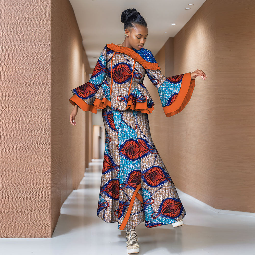 African women's set 2-piece long-sleeved top with floor-length skirt WY060