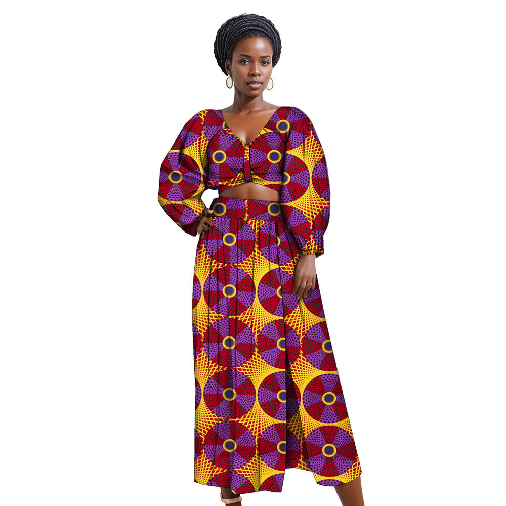 African women suit long sleeve V-neck crop top high slit ankle length skirt suit FH041