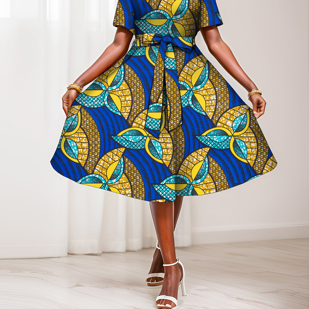 African women's printed dress with waist bow WY082