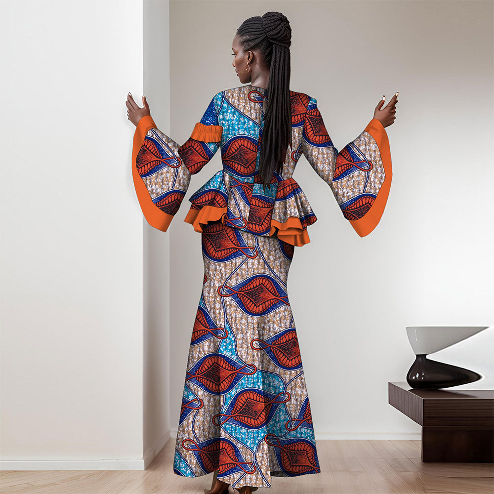 African women's set 2-piece long-sleeved top with floor-length skirt WY060