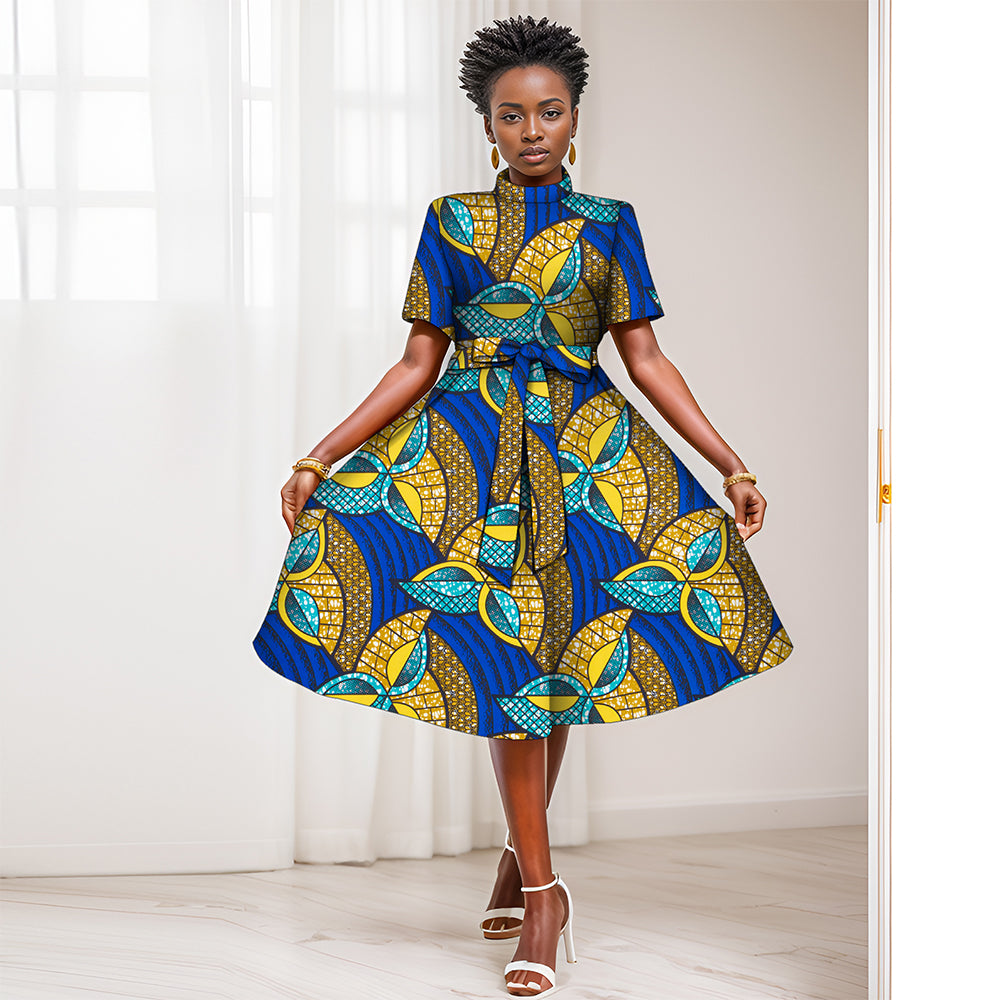 African women's printed dress with waist bow WY082