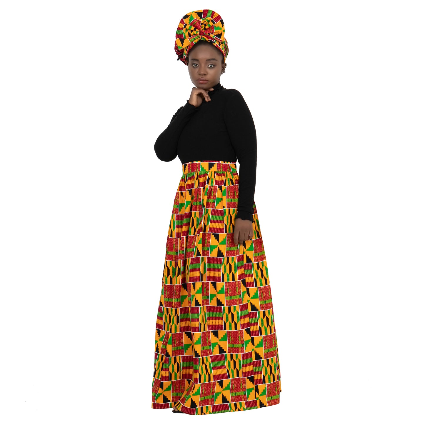 Women's Long High Waist Maxi Cotton African Skirt Ankara Print Matching Headwrap WY1270