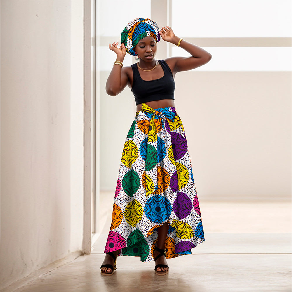 African Women's Long High Waist Maxi Skirt Ankara Print Matching Headwrap WY10072