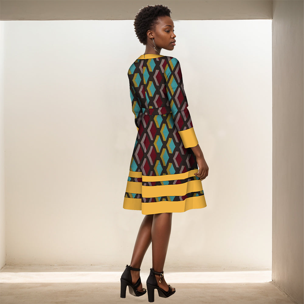 African Women dress long sleeve patchwork knee-length high-waisted dress WY3001