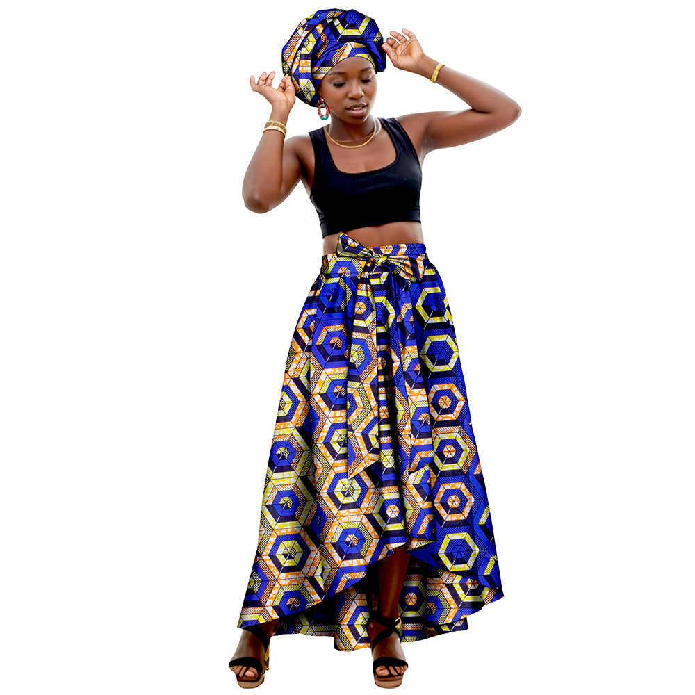 African Women's Long High Waist Maxi Skirt Ankara Print Matching Headwrap WY10072