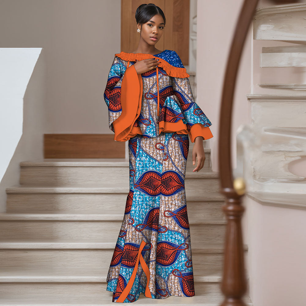 African women's set 2-piece long-sleeved top with floor-length skirt WY060