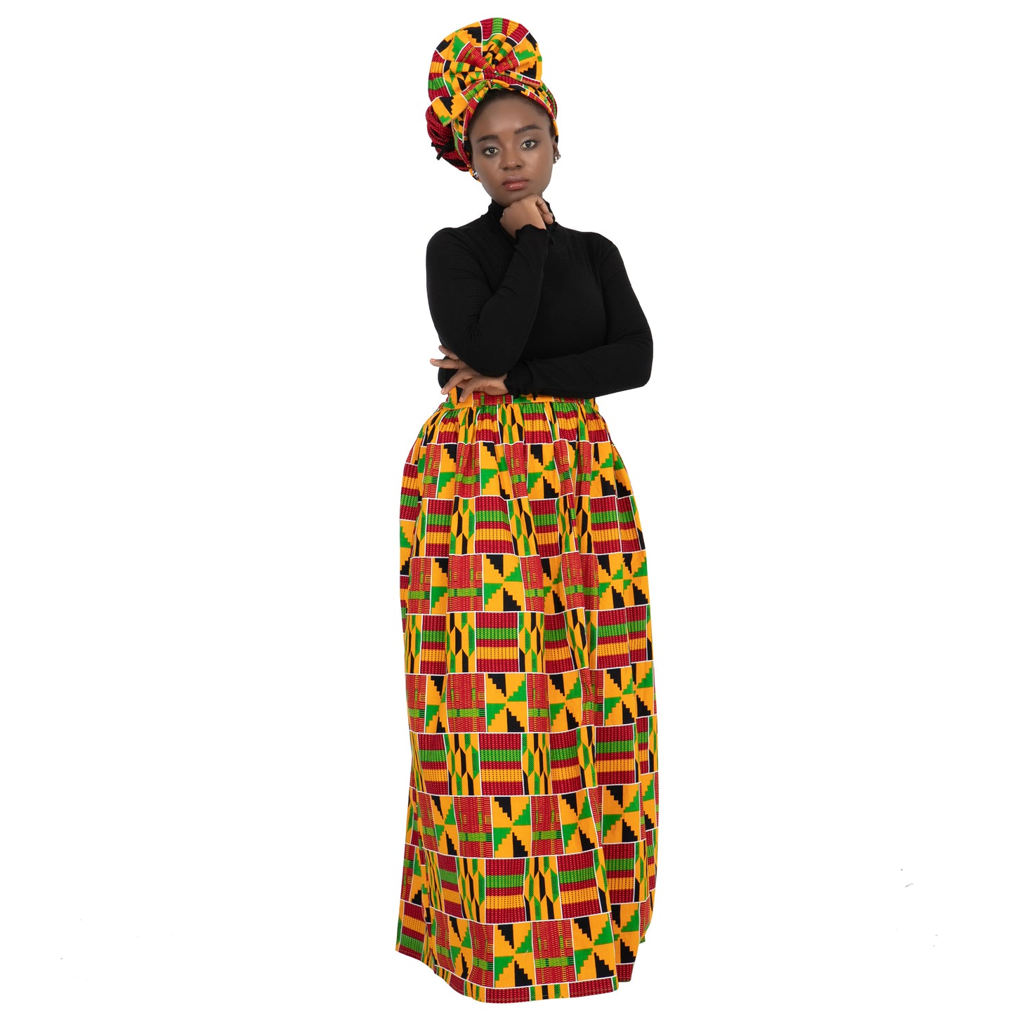 Women's Long High Waist Maxi Cotton African Skirt Ankara Print Matching Headwrap WY1270