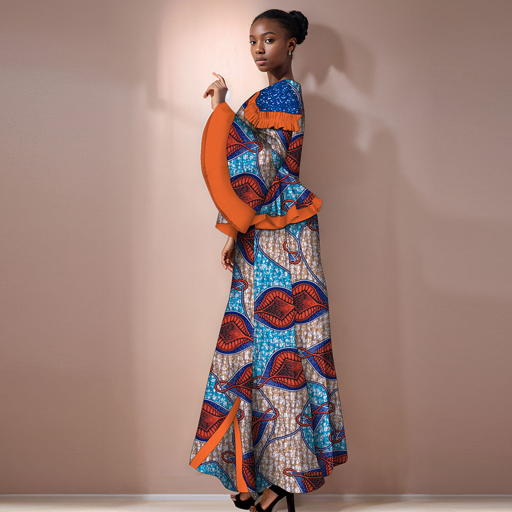 African women's set 2-piece long-sleeved top with floor-length skirt WY060