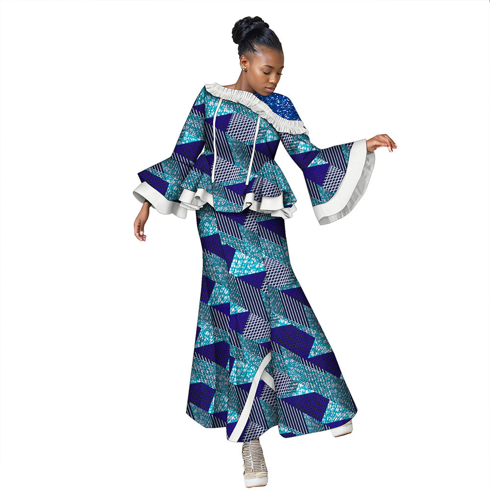 African women's set 2-piece long-sleeved top with floor-length skirt WY060