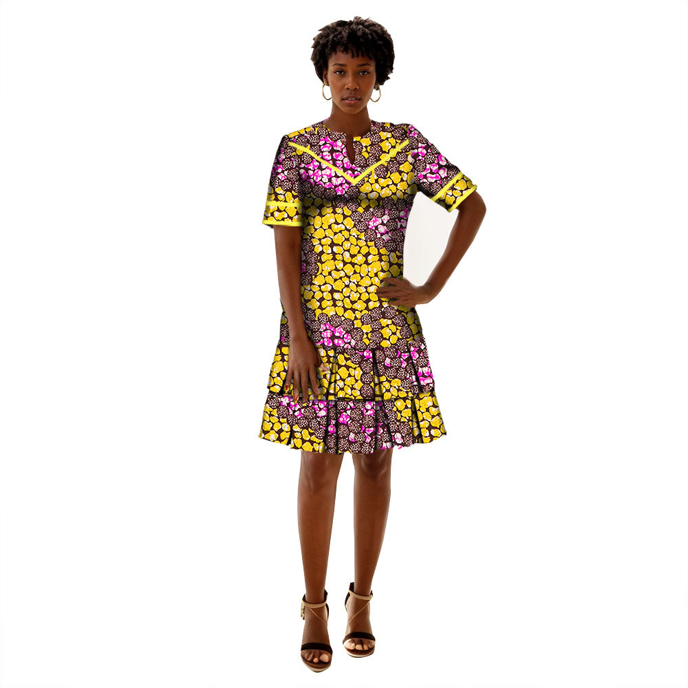 African Women Dresses   Ankara Wax Print Clothing  Short Sleeve Dress WY9880